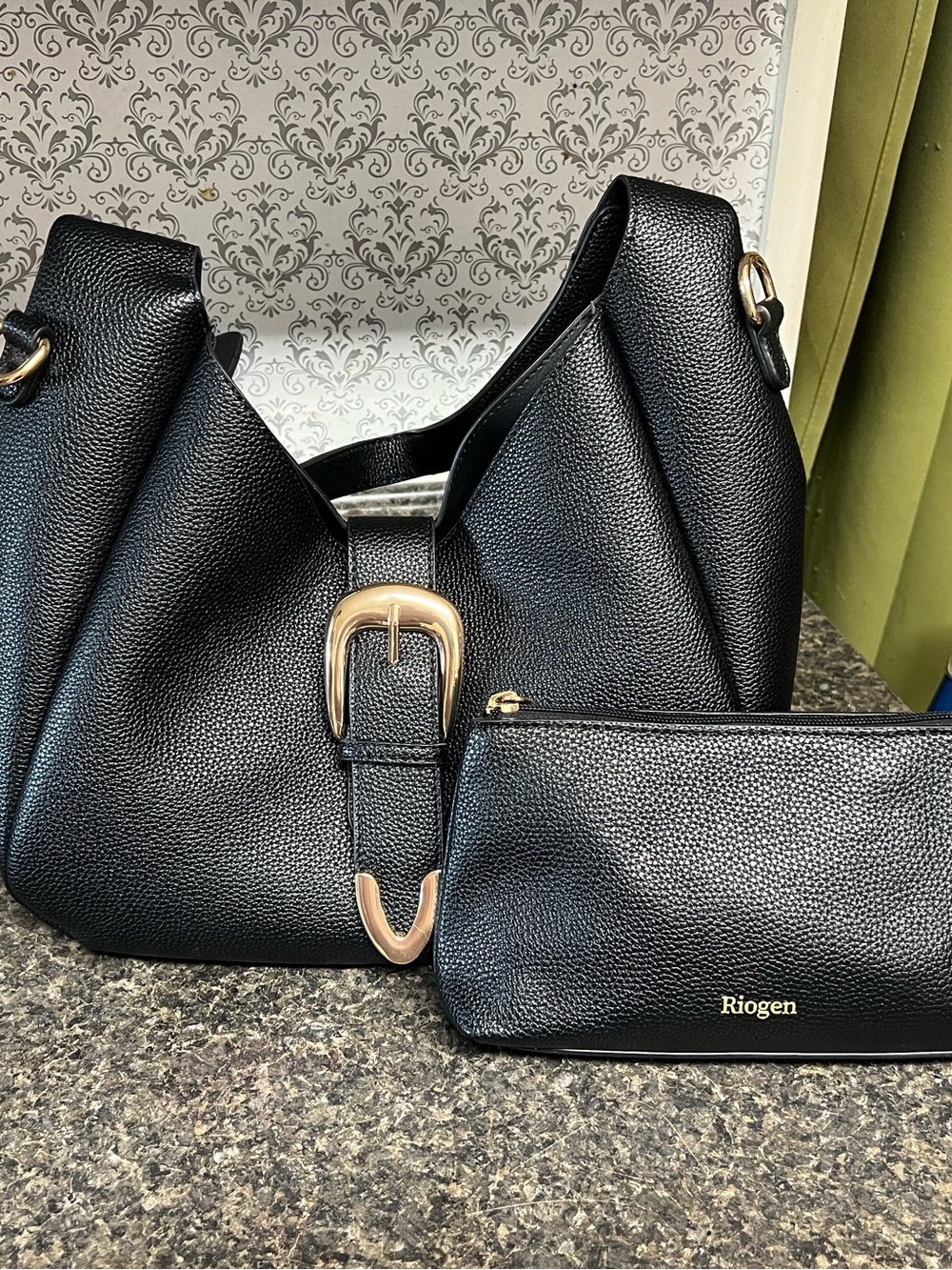 Black Pebbled Shoulder Bag with Matching Pouch